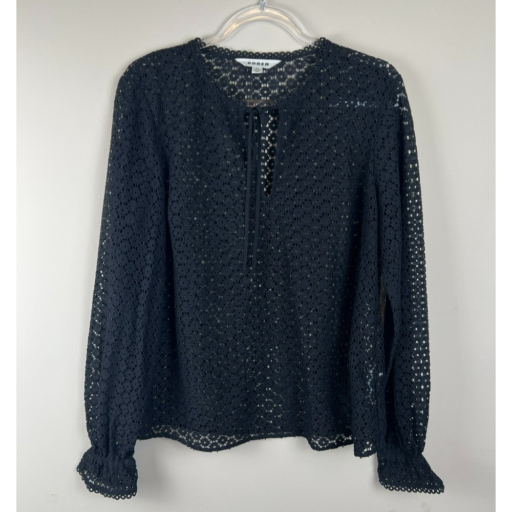 Boden Geo Lace Top US 12 Black Romantic Sheer Lace Blouse Tie Neck - Picture 1 of 10